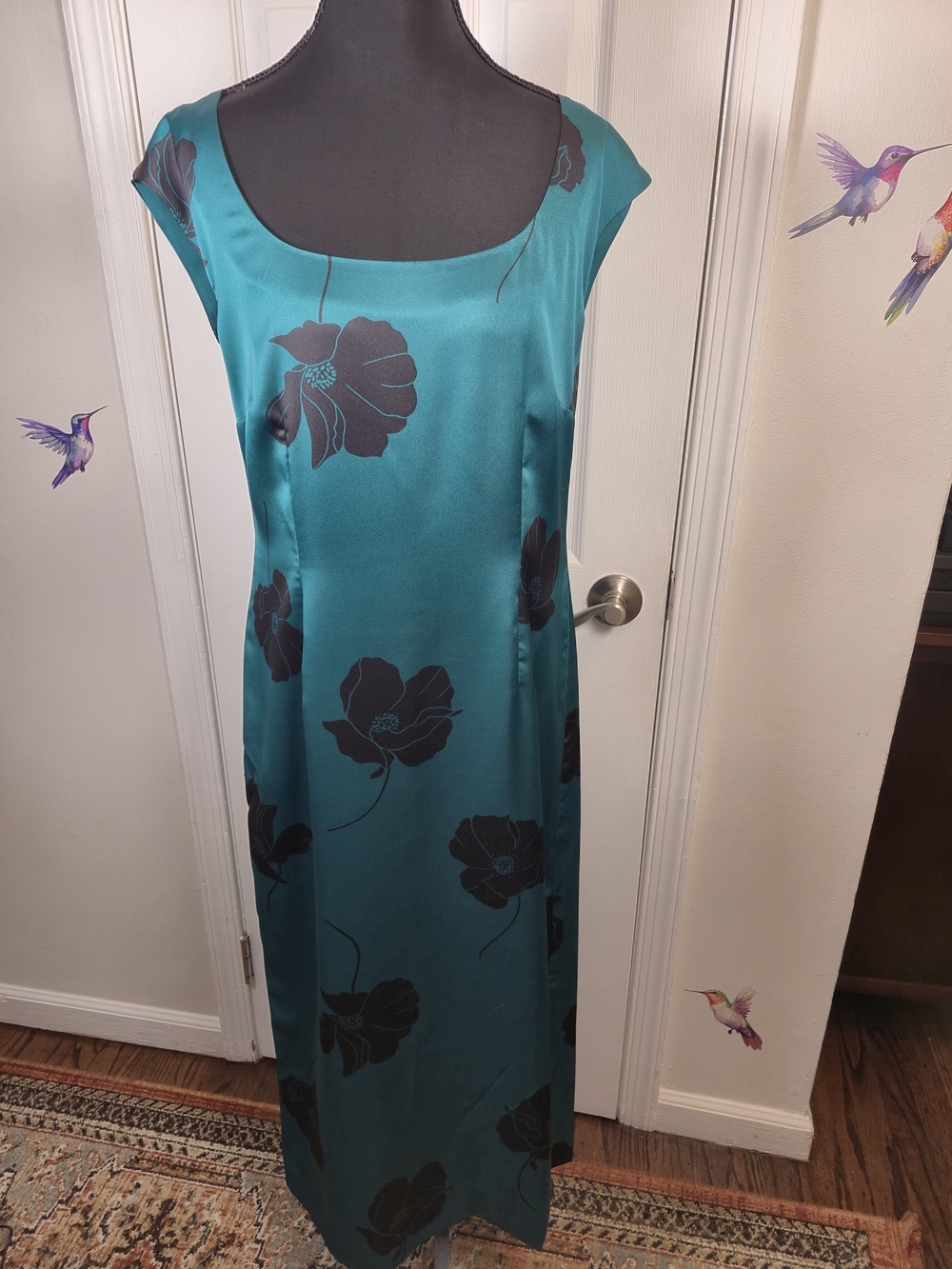 NWT Ann Taylor Teal Poppy Satin Floral Midi Sheath Dress 10 - Picture 5 of 7
